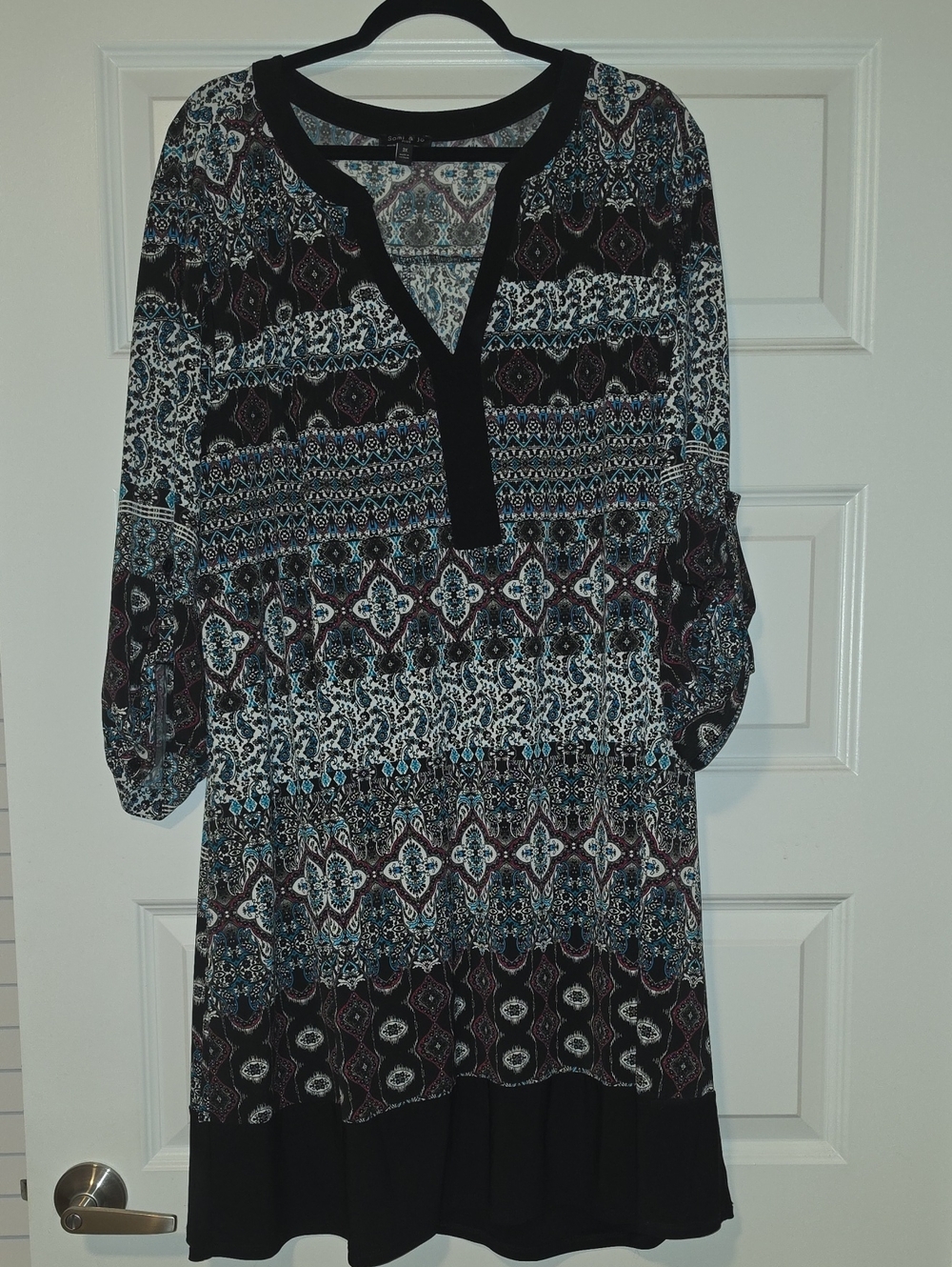 Boho Print Tunic Dress - Black, Burgandy, Teal & White 3x